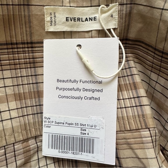 Everlane The Supima Cotton Short-Sleeve Shirt Dress Pale Khaki Plaid 4 NWT New - Picture 9 of 12